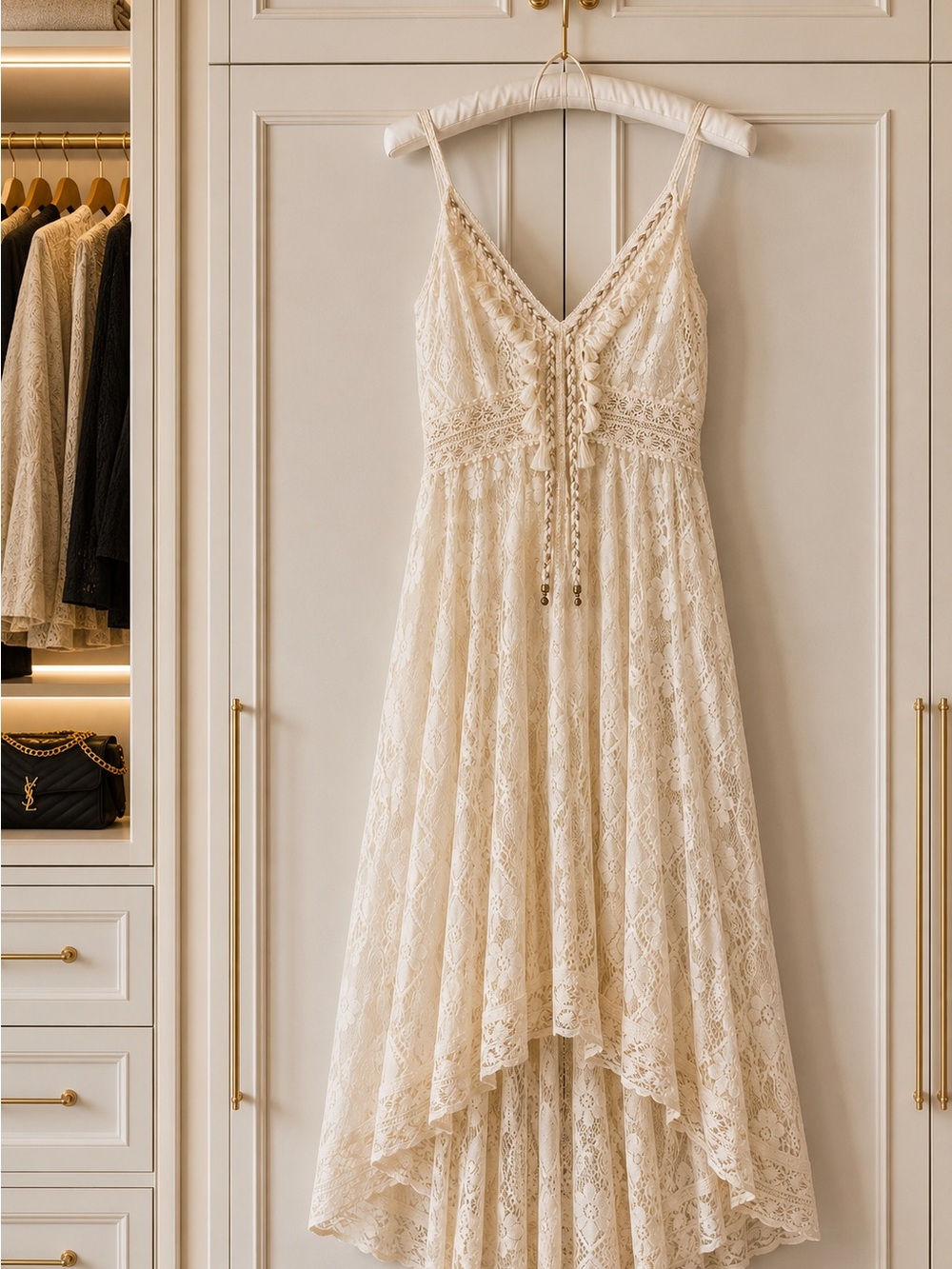 🤍 Boho Cream Lined Lace High-Low Maxi Dress- Festival - Cottagecore